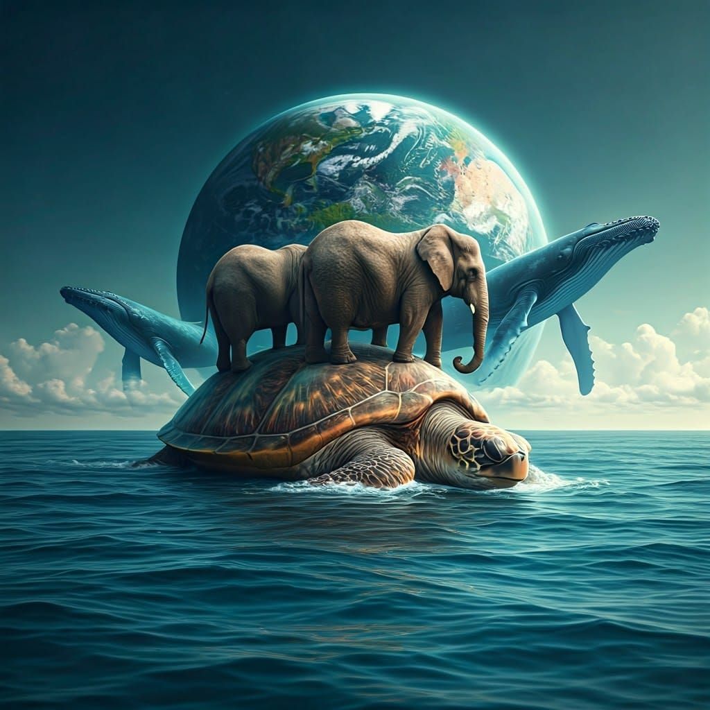 Surreal Turtle Island with Elephants and Whales
