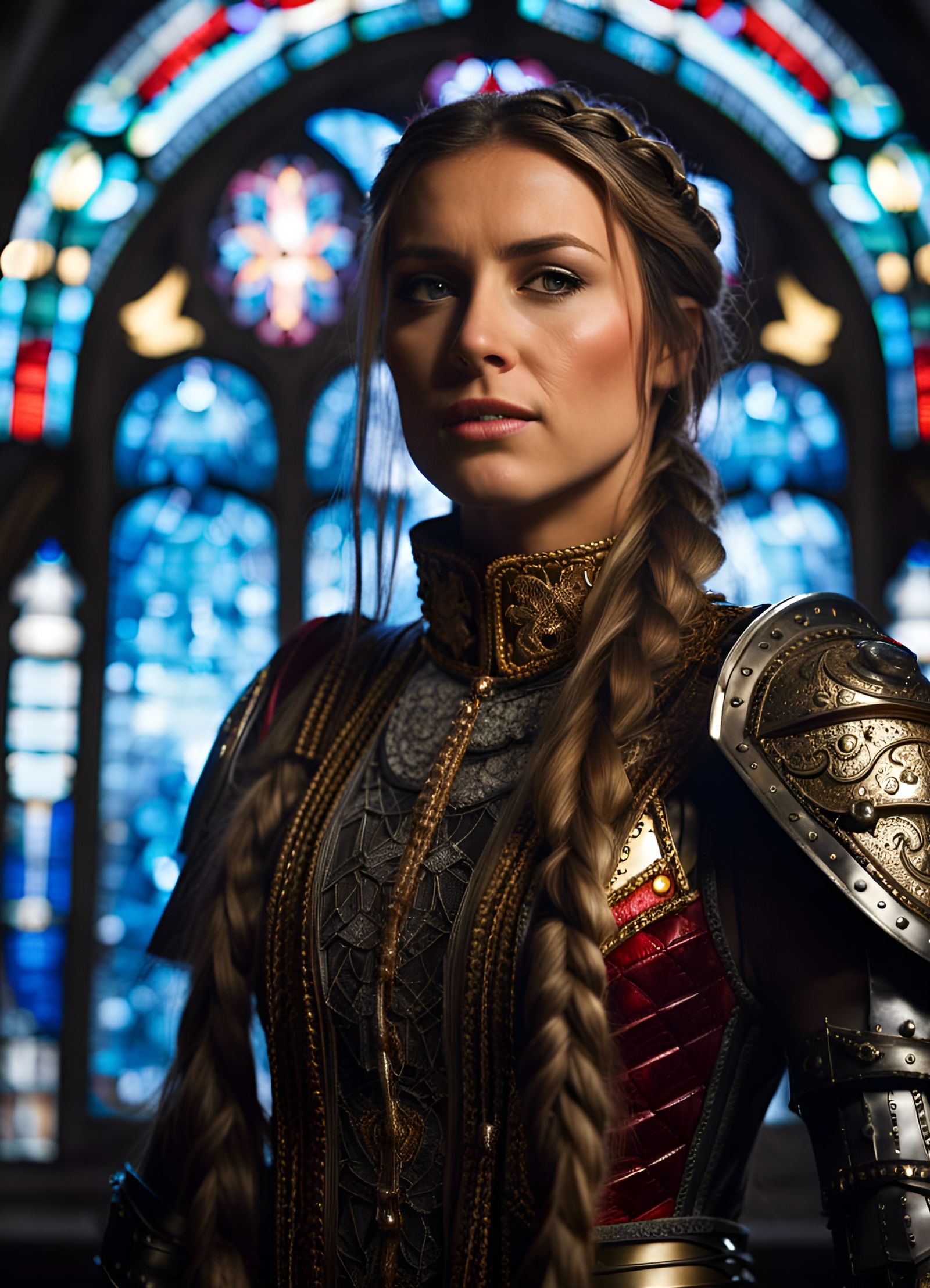 Woman in Armor and Lace in Cathedral: Hyperrealistic Photo