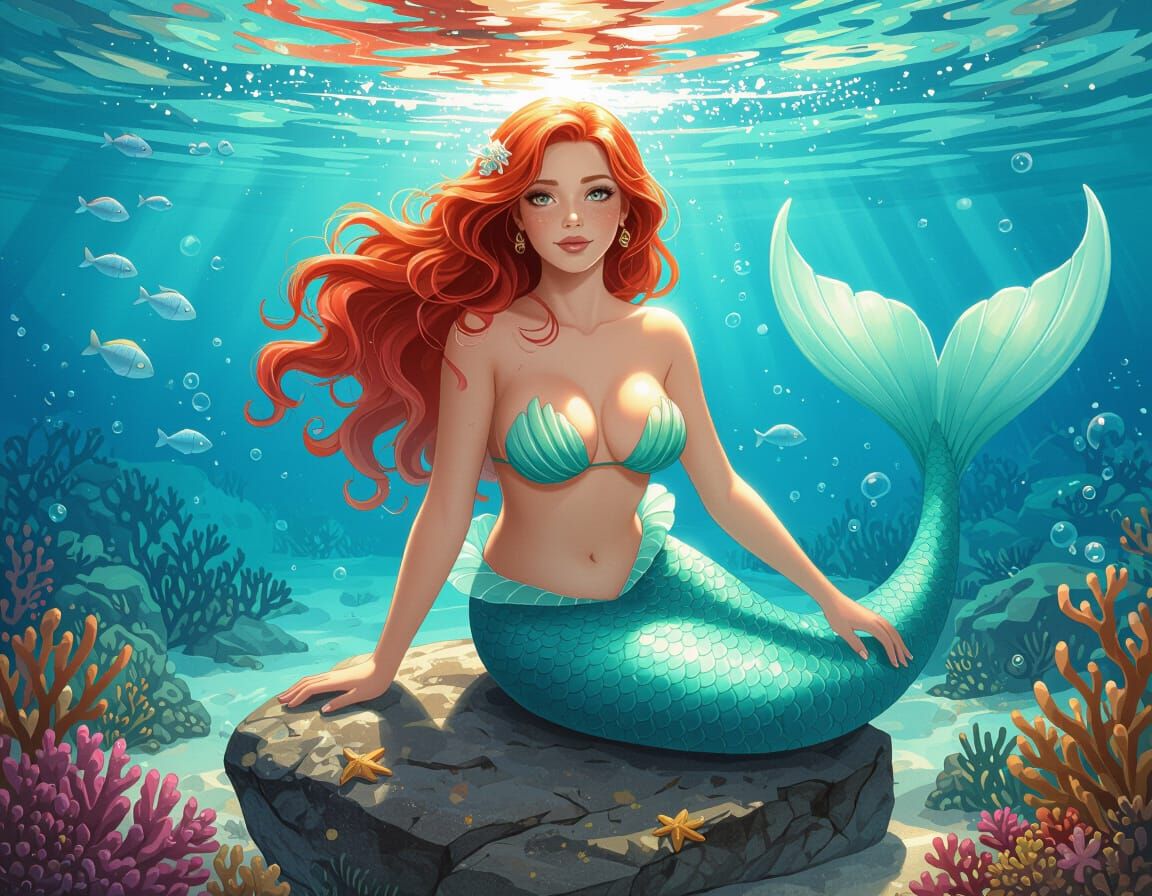 Red-Haired Mermaid Sitting on a Rock Underwater