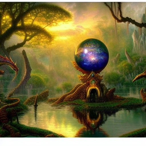 Mystic Dragon Warrior in Sphere, Oil Painting