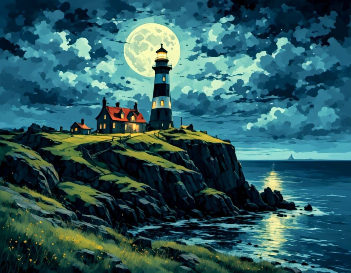 Flat ocean, rough cliff , light house