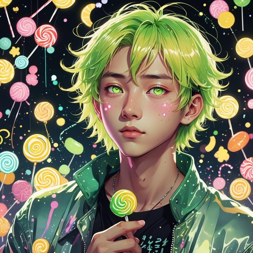 Pastel Anime Portrait of Fashionable Youth with Lollipop