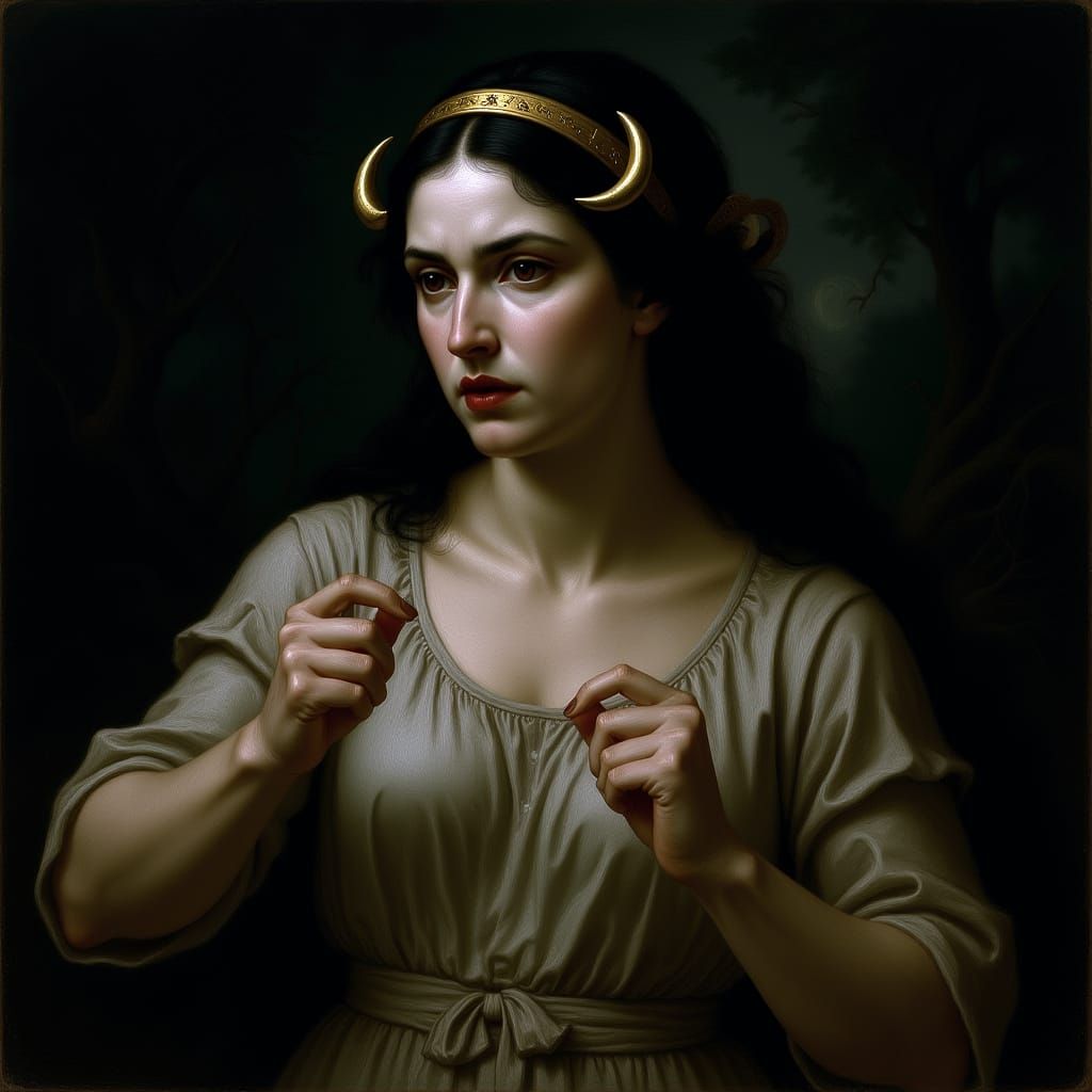 Baroque Portrait of Diana the Huntress with Crescent Moon
