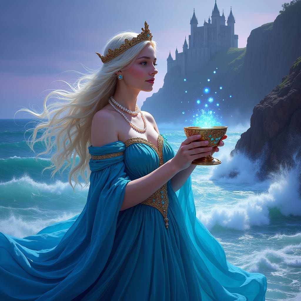 Queen of Cups Fantasy Art in Blue and Lilac