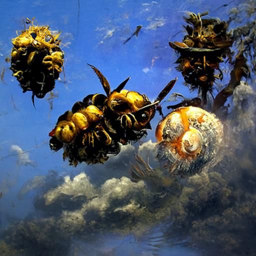 Bees Floating in Sky, an Oil Painting