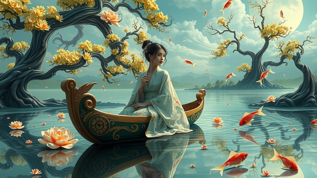 Dreamlike Beauty in Soft, Ethereal Silk Robes Glides Along a...