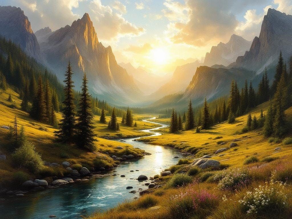 Golden Dawn in Hidden Valley: A Landscape Painting
