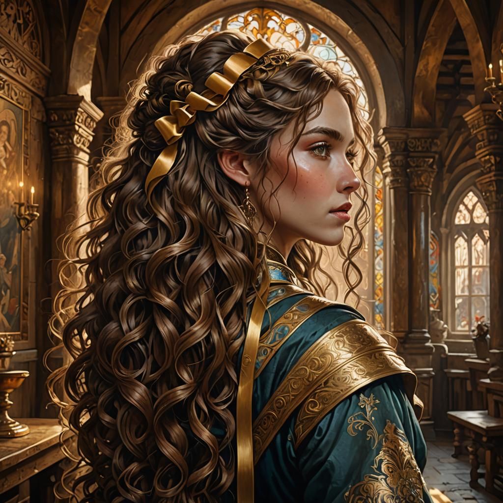Brown Curly Hairstyle with Gold Ribbon, Medieval Art