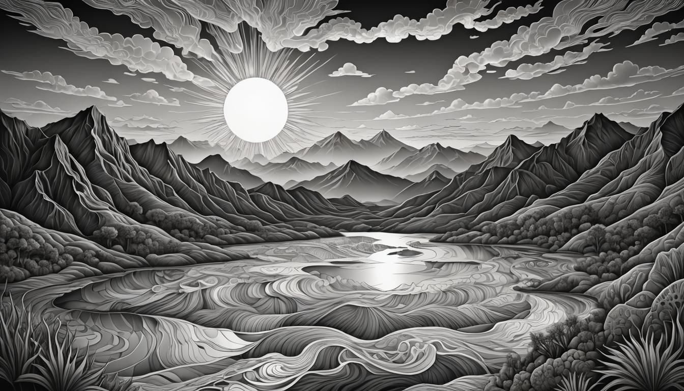 Monochrome Sunset Drawing over Lagoon with Zentangle Shading