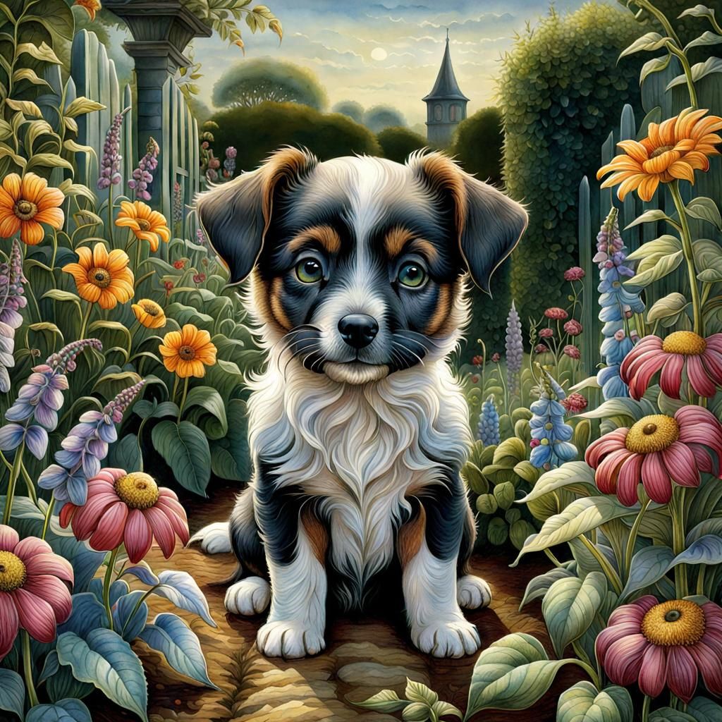 Cute Puppy in Ethereal Garden: Detailed Digital Art