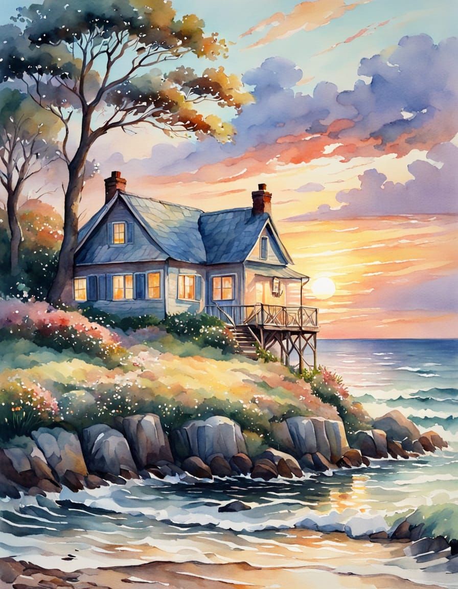 Seaside Cottage in Impressionistic Watercolor Painting