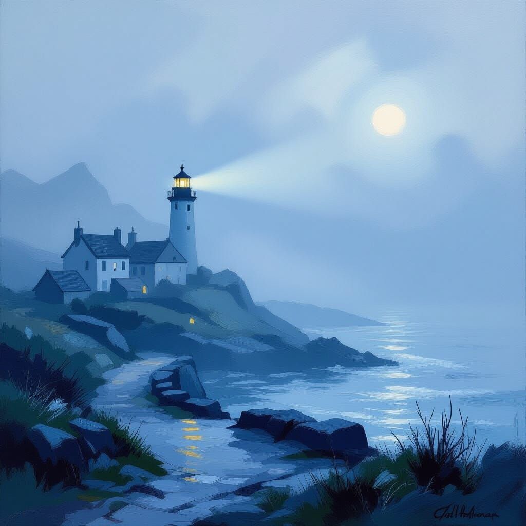 Impressionist Coastal Village at Dusk in Fog