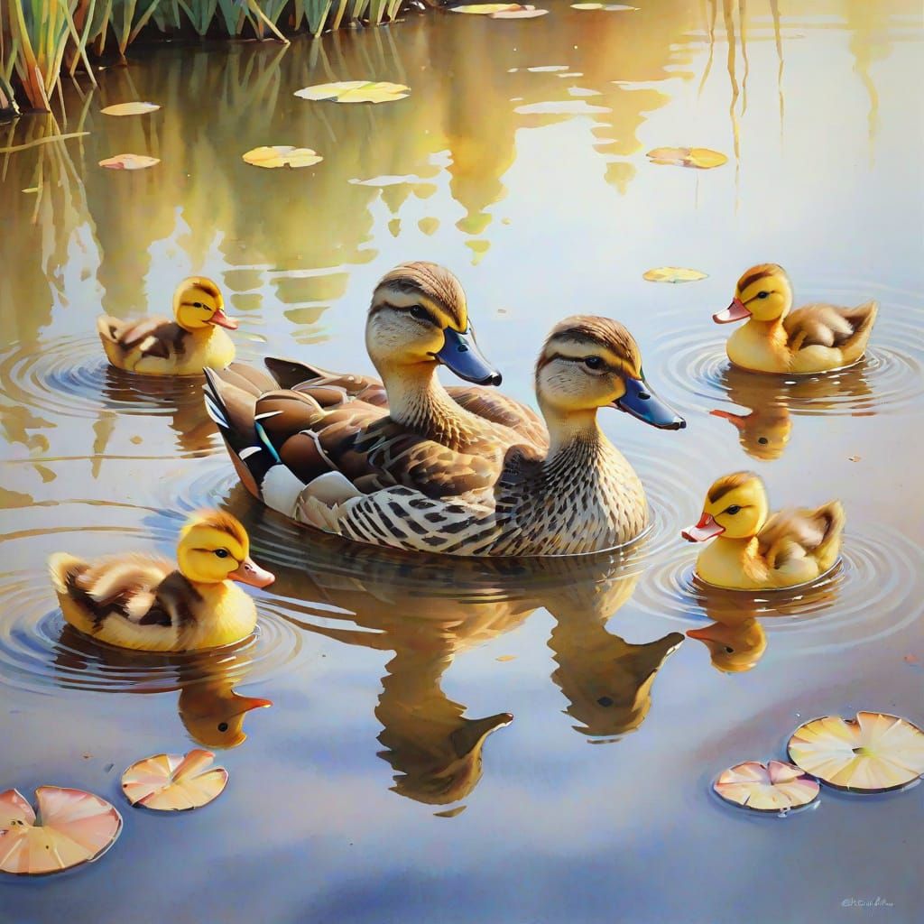 Quaint Watercolor Scene of Happy Ducklings Swimming with Mot...