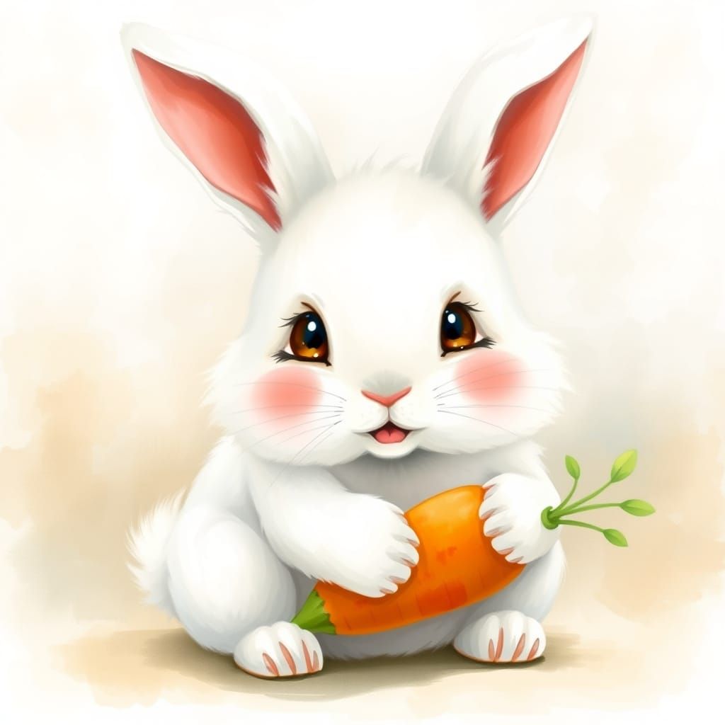 Whimsical White Bunny Holding a Carrot in Folk-Art Style