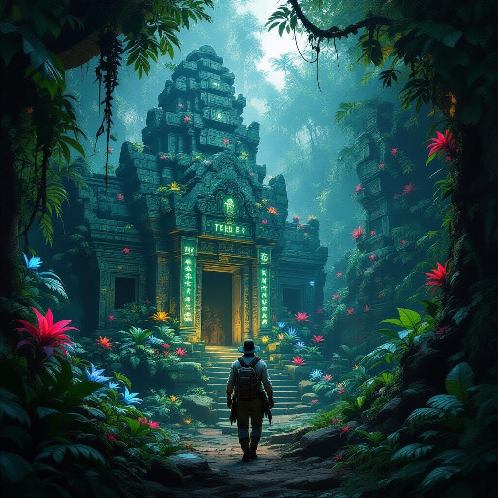 Bioluminescent Jungle Temple in Digital Matte Painting