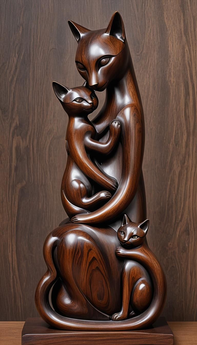 Abstract Wooden Sculpture: Mother Cat and Kittens