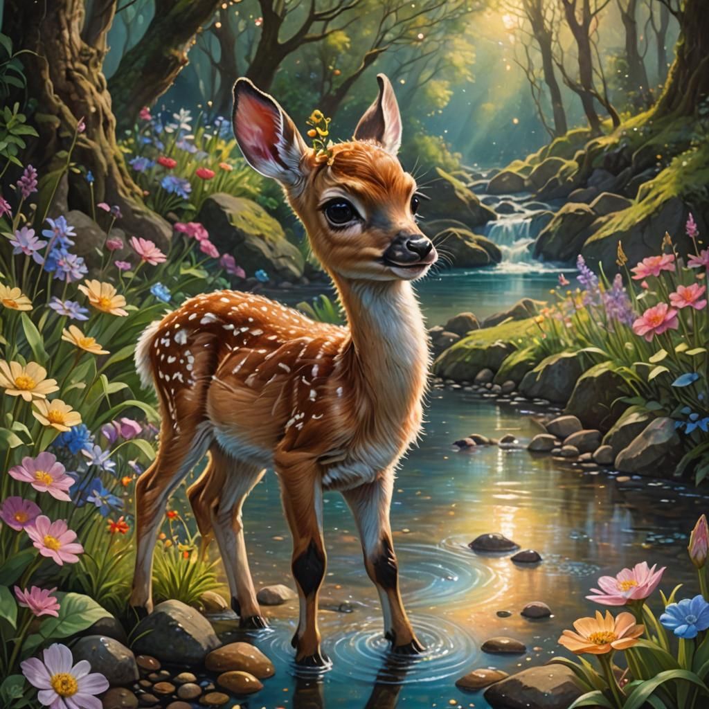 Happy Fawn in Enchanted Garden, Oil Painting