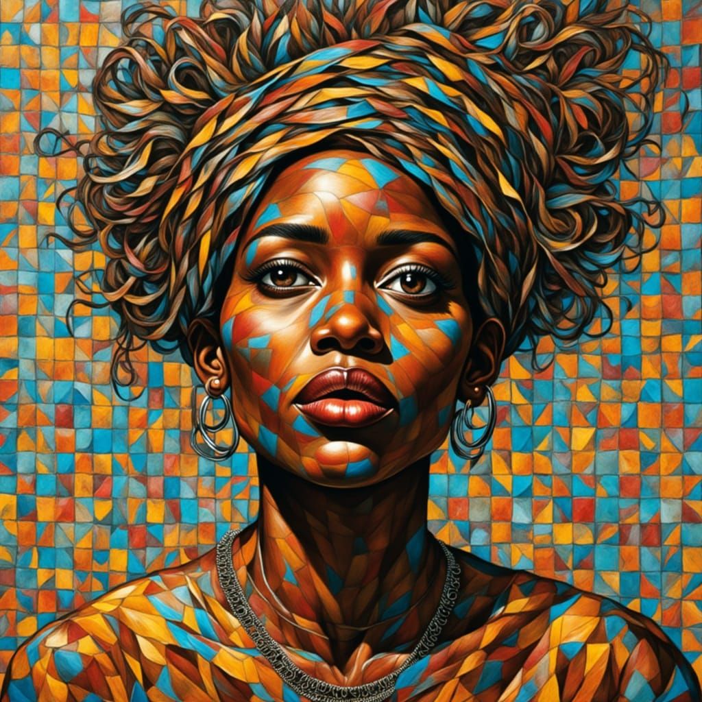 Black Woman's Face in Juxtaposed Planes and Tensors