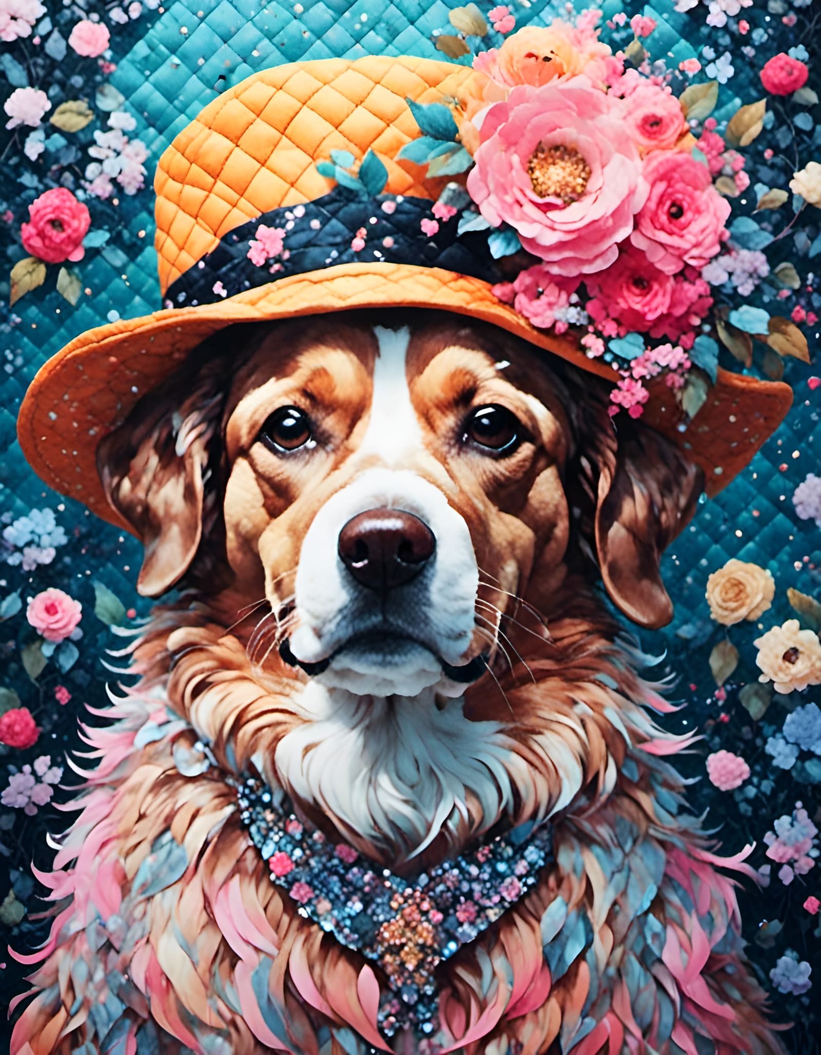Quilted Dog Portrait with Fancy Hat