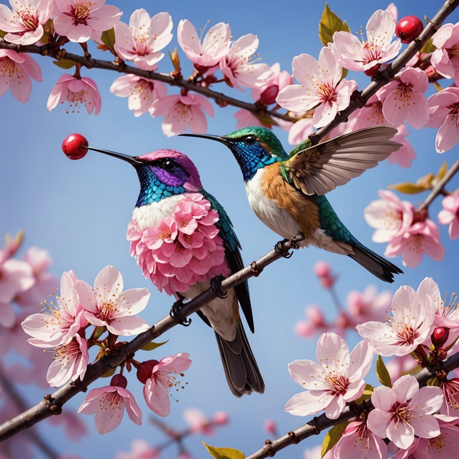 Giant Pink Cherry Blossoms with Hummingbirds