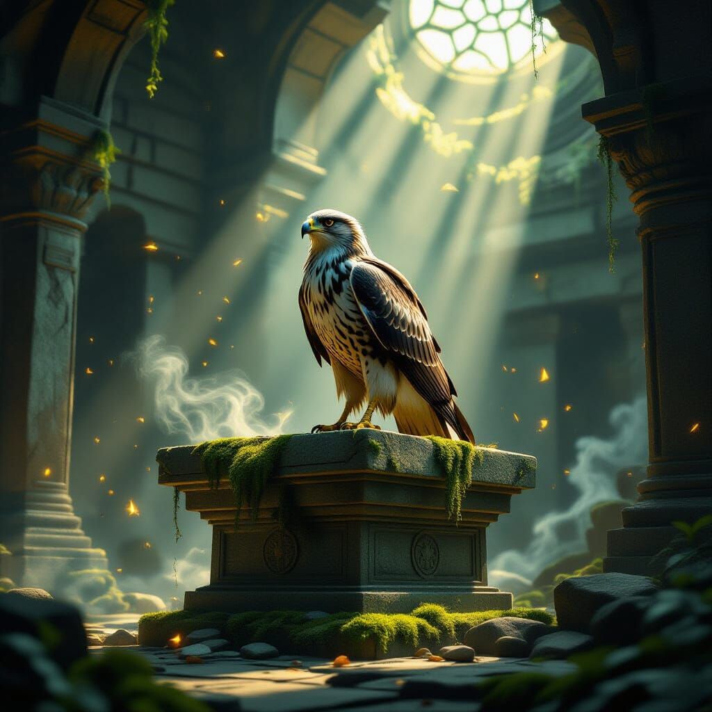 Golden Hawk on Ancient Altar in Mystical Temple