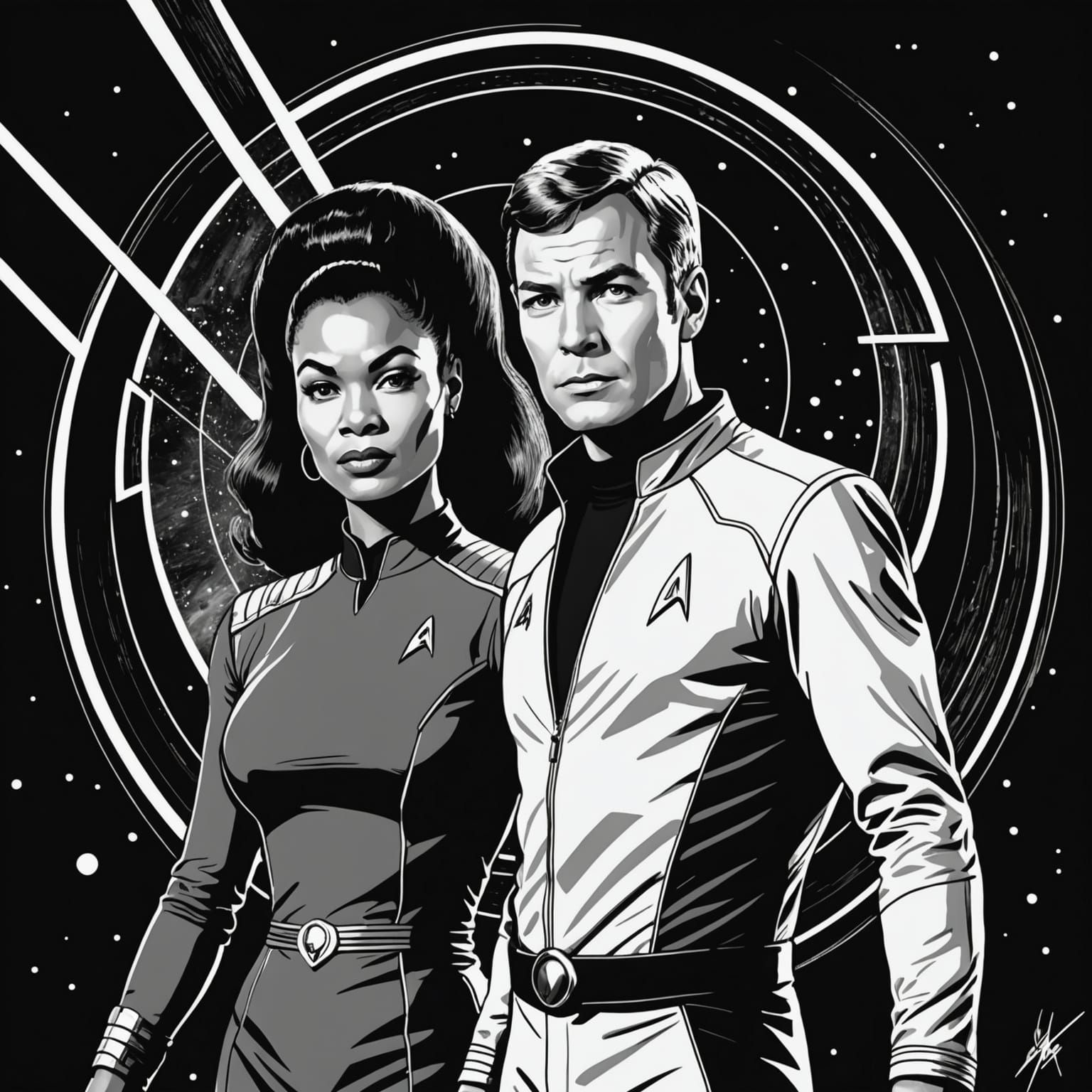 Kirk and Uhura Ink Drawing in Romero Style
