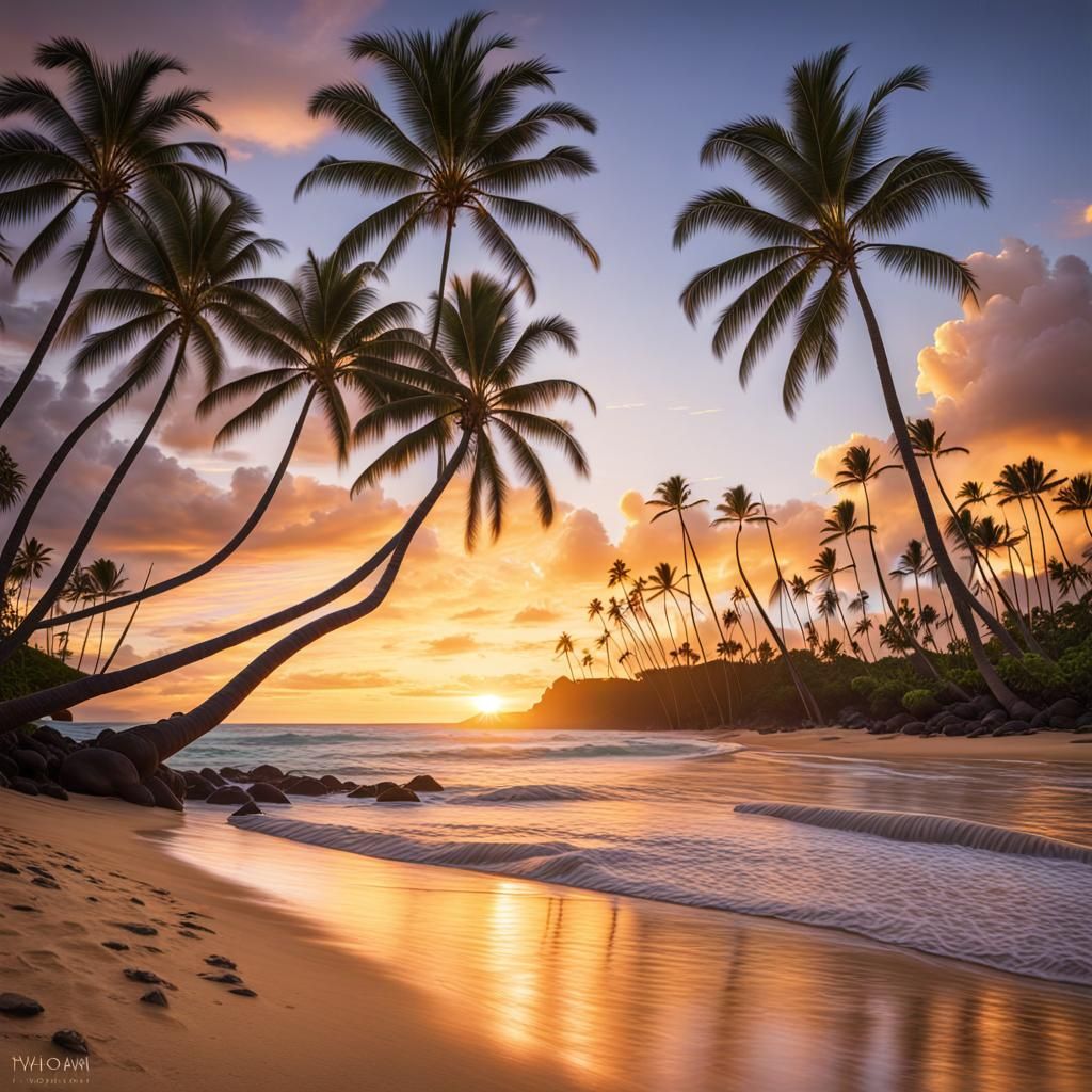 Tropical sunset in Hawaii, casting a warm golden light over ...