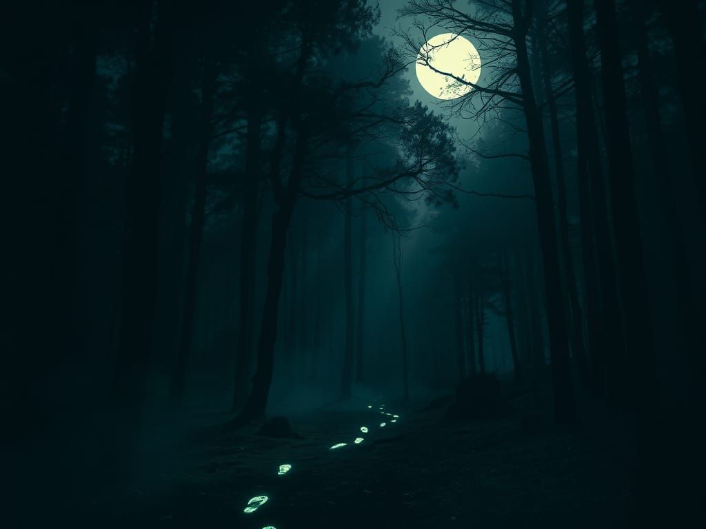 Ethereal Glowing Footprints in Dark Forest