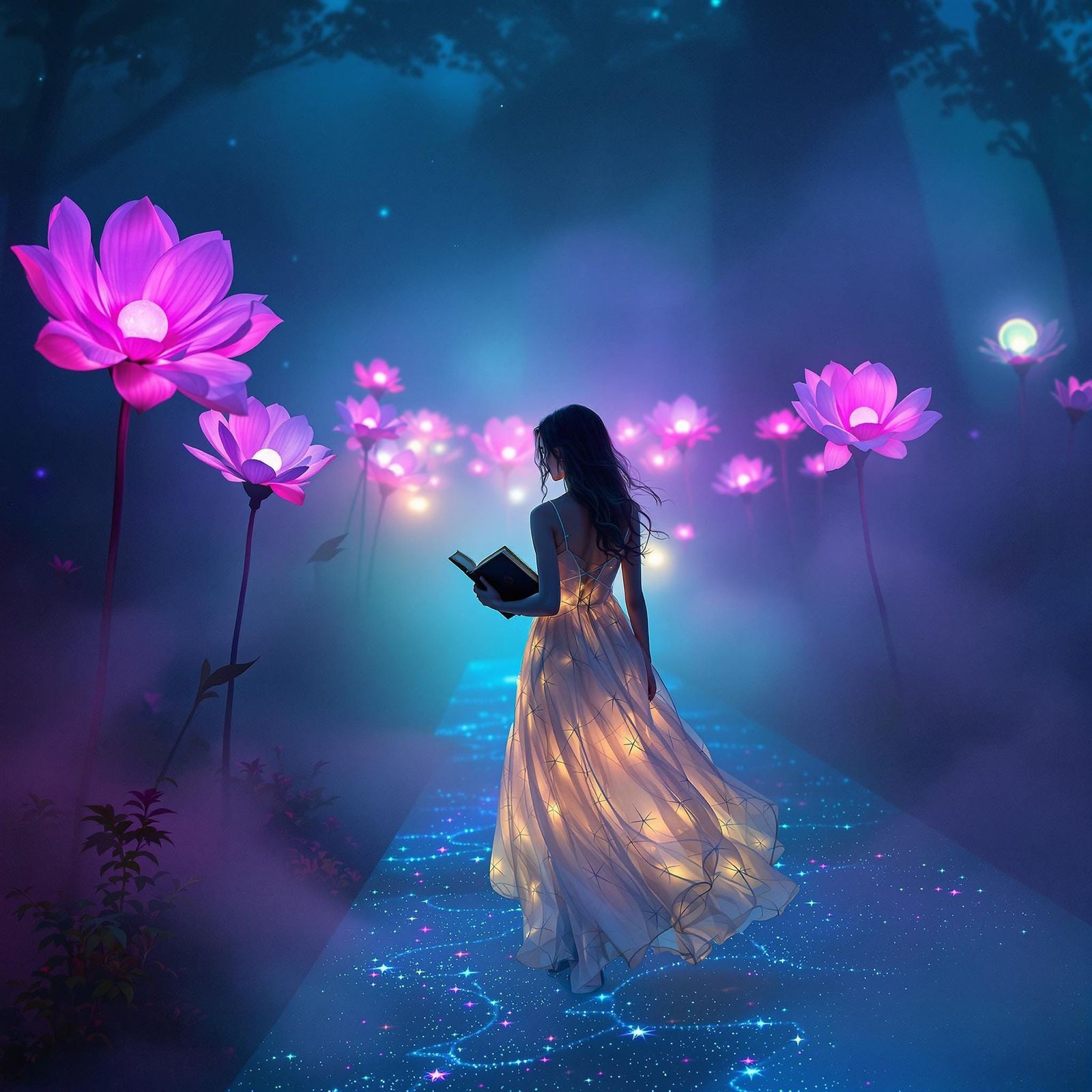 Ethereal Woman on Iridescent Path in Neon Style
