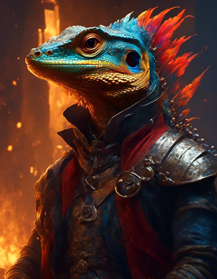 Punk Lizard in Dystopian Future: Digital Watercolor Art