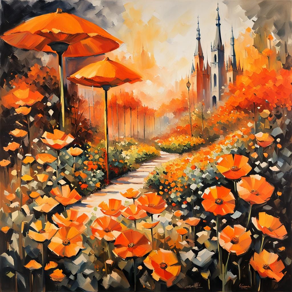 Orange Flowerscape Garden in Acrylic Art Style