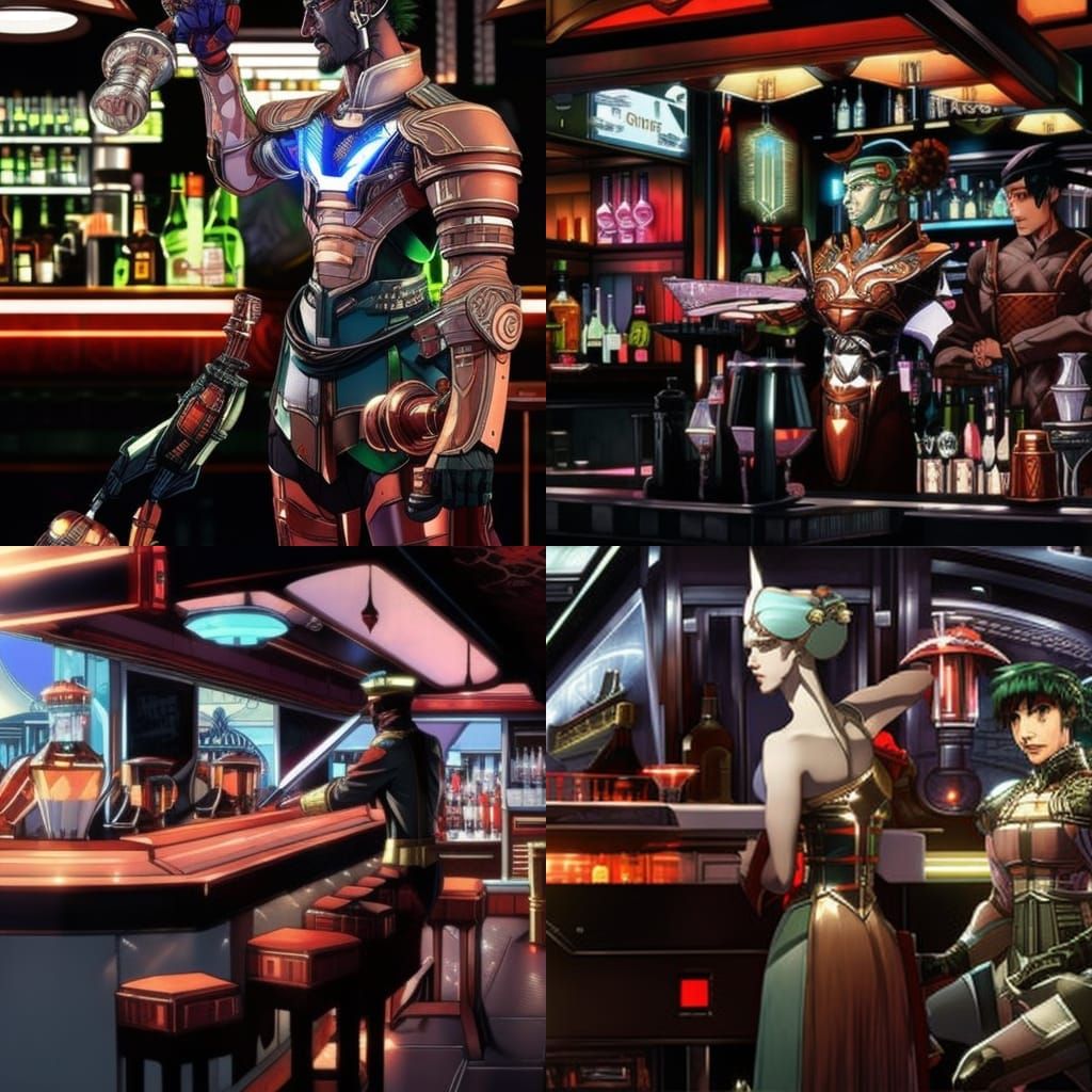 Cyborg Bartender in Neoclassical Cyberpunk Bar