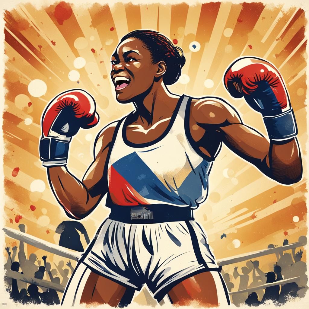 Female Boxer Celebrates Victory: Storybook Illustration