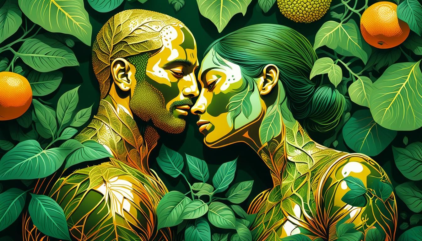 Vegetable Man and Fruit Woman Embrace in Pop Art