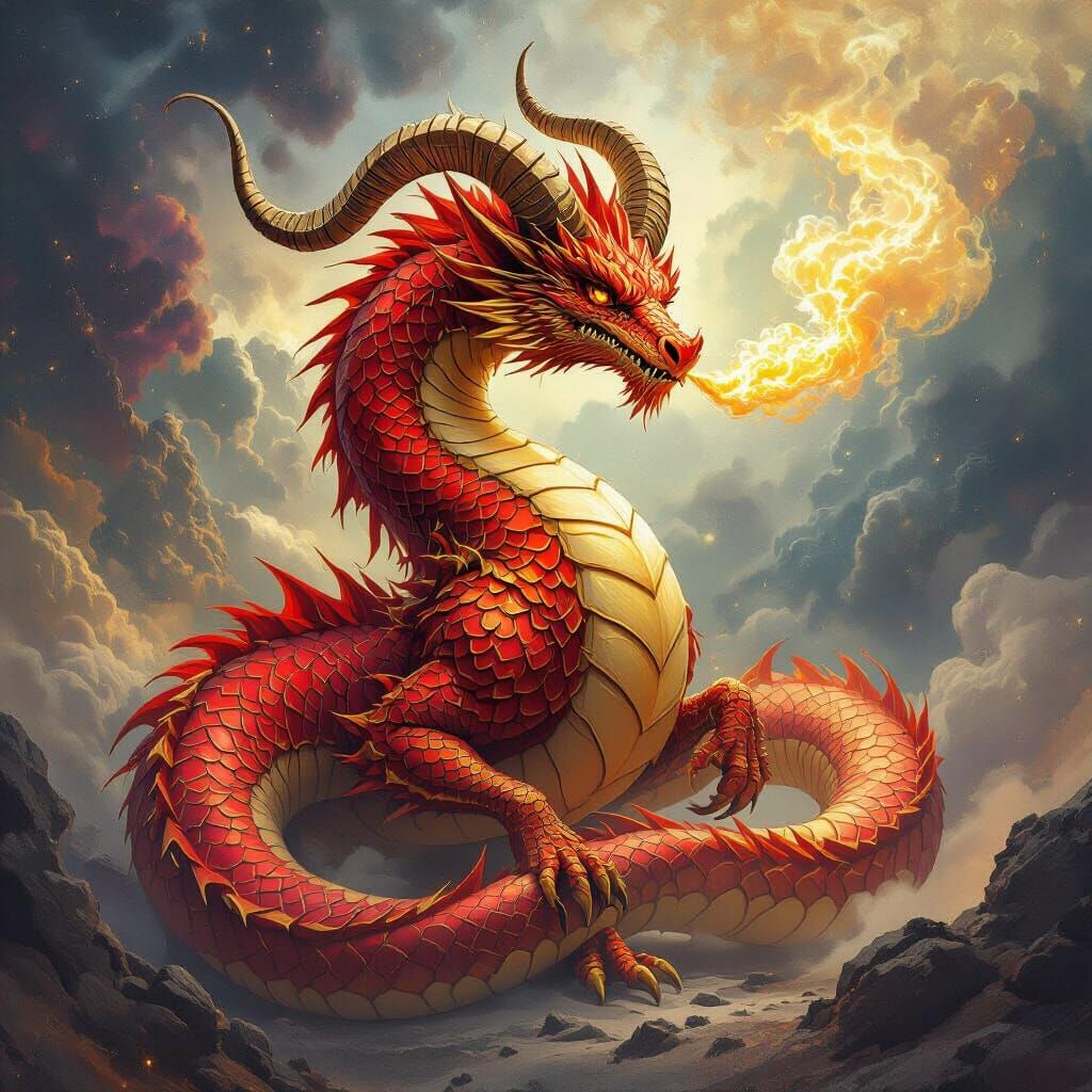 Aries Dragon of Fire and Gold in Cosmic Nebula