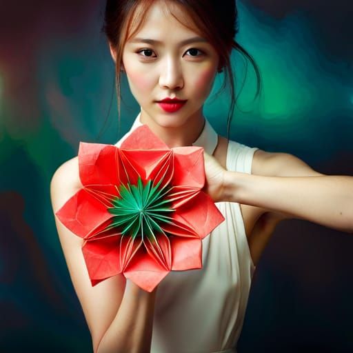 Woman in Paper Mache Holding Origami Flower