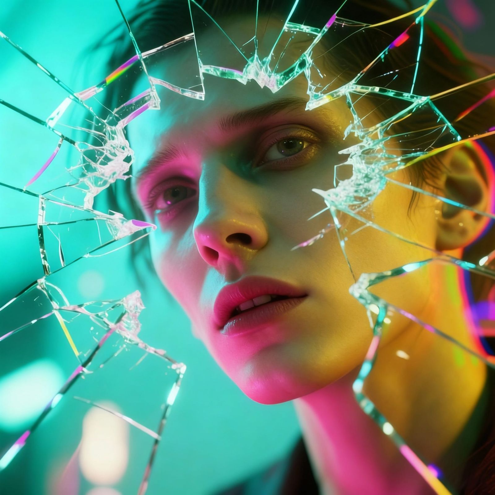 Distorted Human Face Fractured by Glass Horror