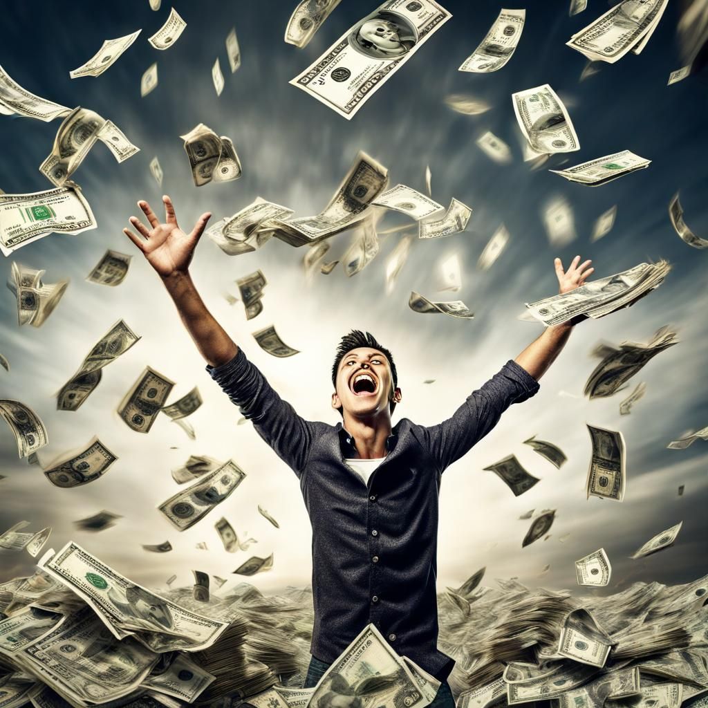 Excited Man Surrounded by Money in Ultrarealistic Detail