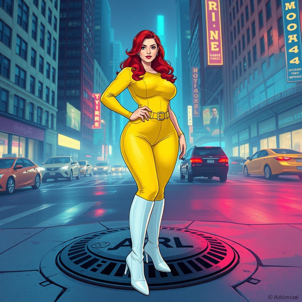 Confident Redhead in Futuristic Neon Jumpsuit