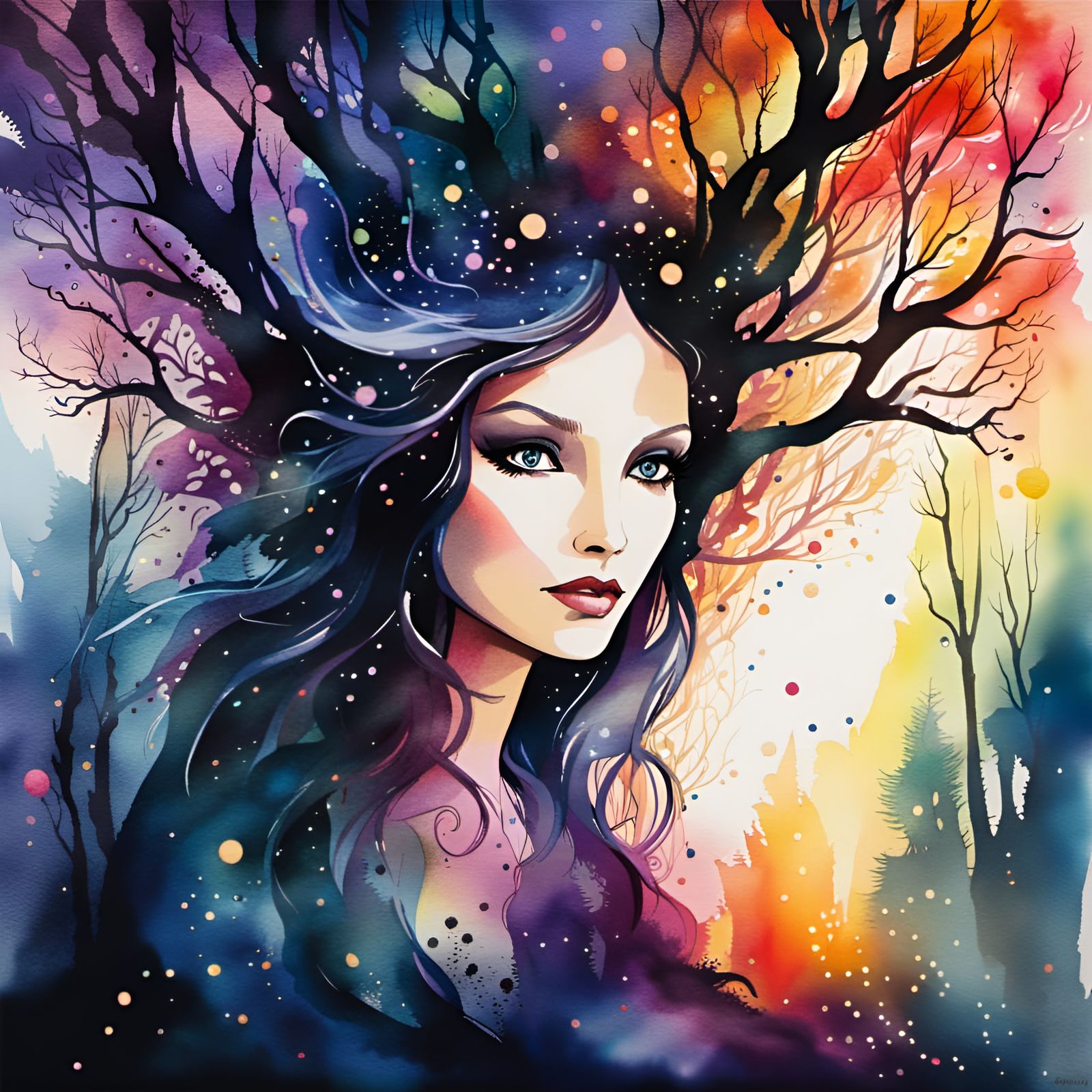 Mystical Forest Girl in Watercolor Style