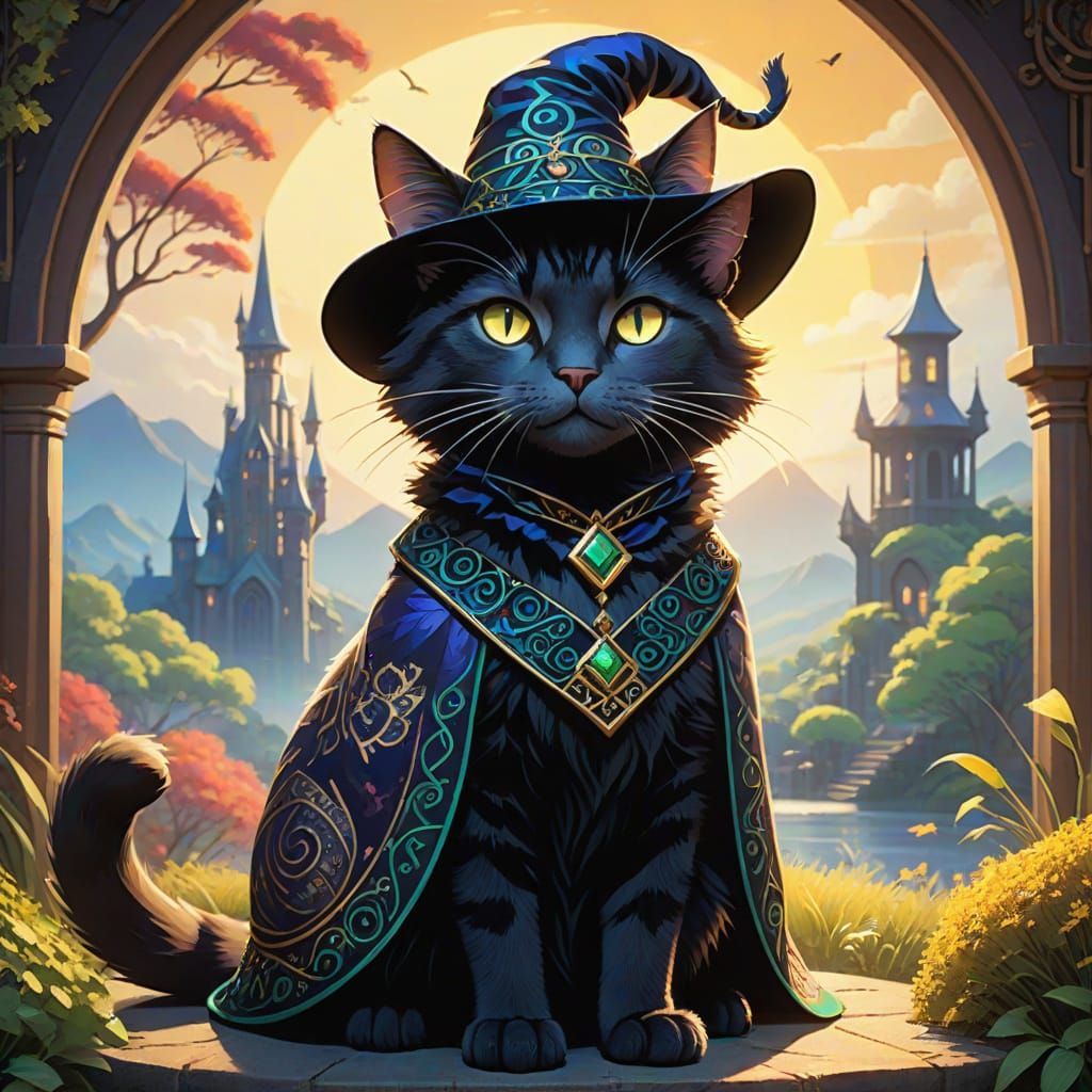 Regal Feline in Elphaba's Attire, Anime-Inspired Key Visual