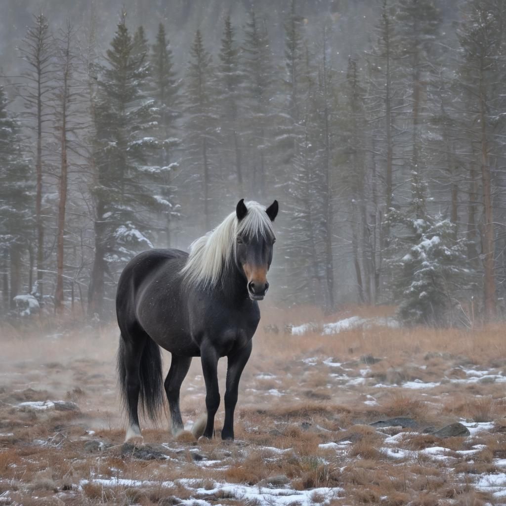 Wild Horse in Snowy Valley Under Starry Night