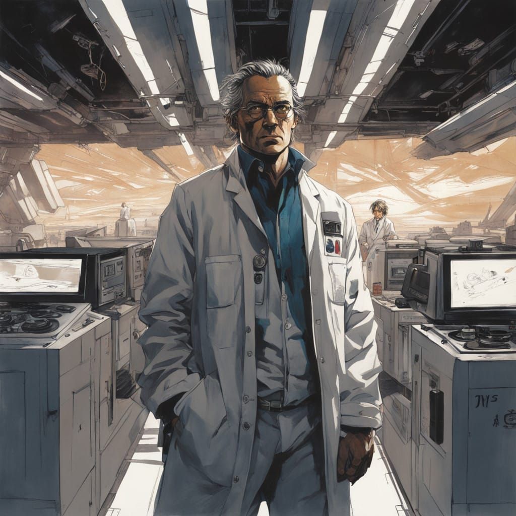 Crisp Scientist Portrait with Unruly Hair and Earthy Tones