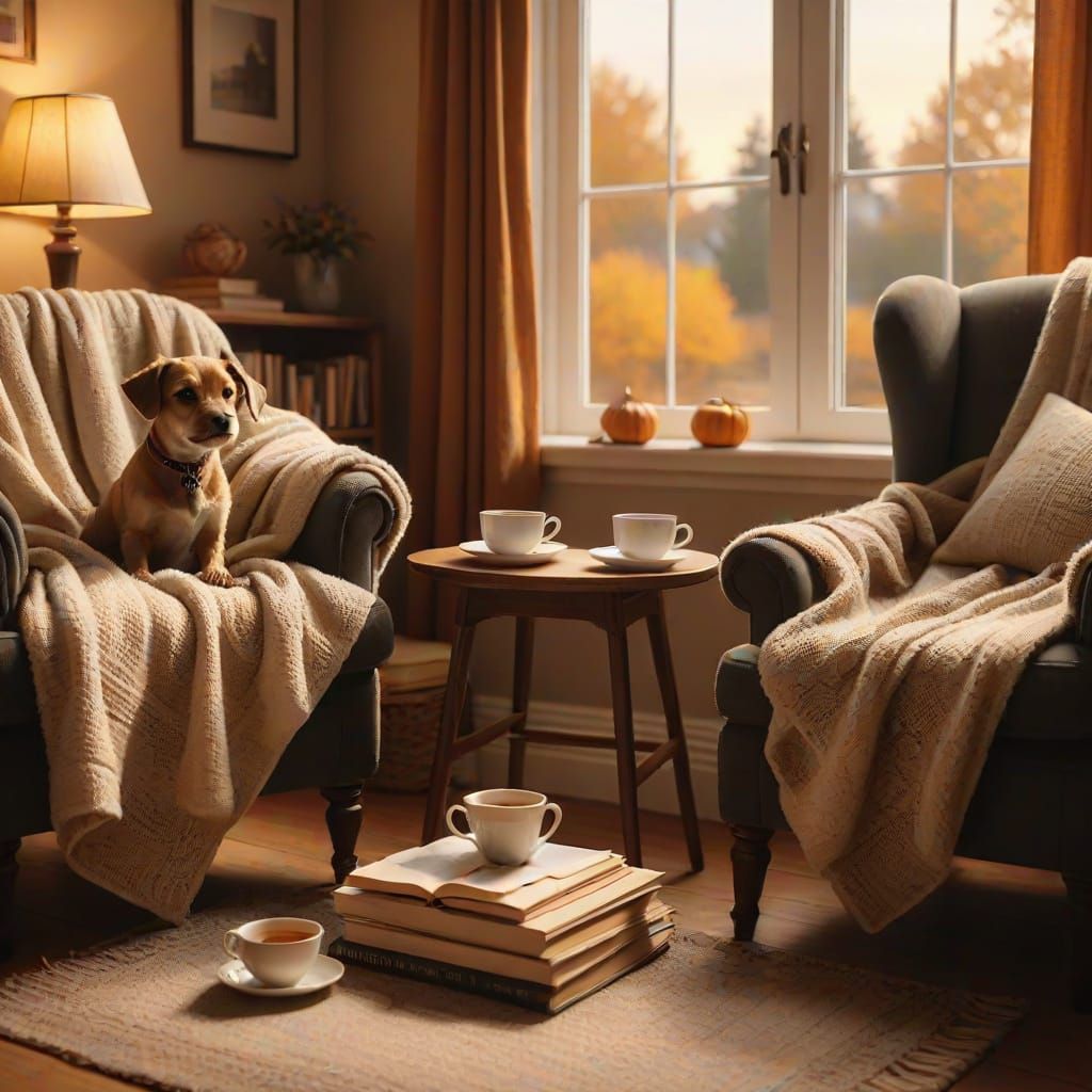 Cozy Room with Dog and Tea in Golden Hour
