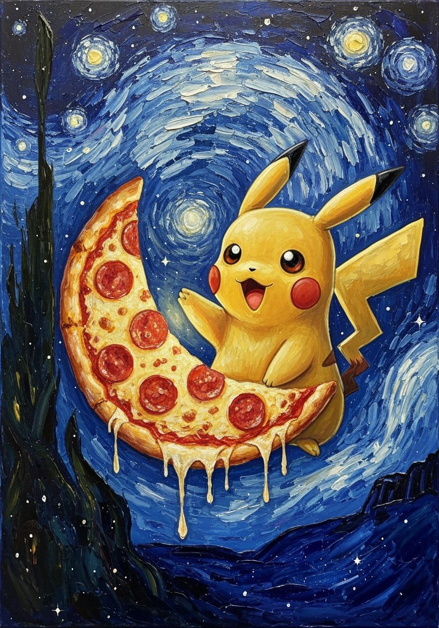 Pikachu Eating Glowing Pizza Under Starry Sky