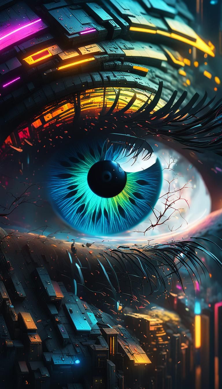 Colorful Eye in Cyberpunk Fantasy World, 3D Render