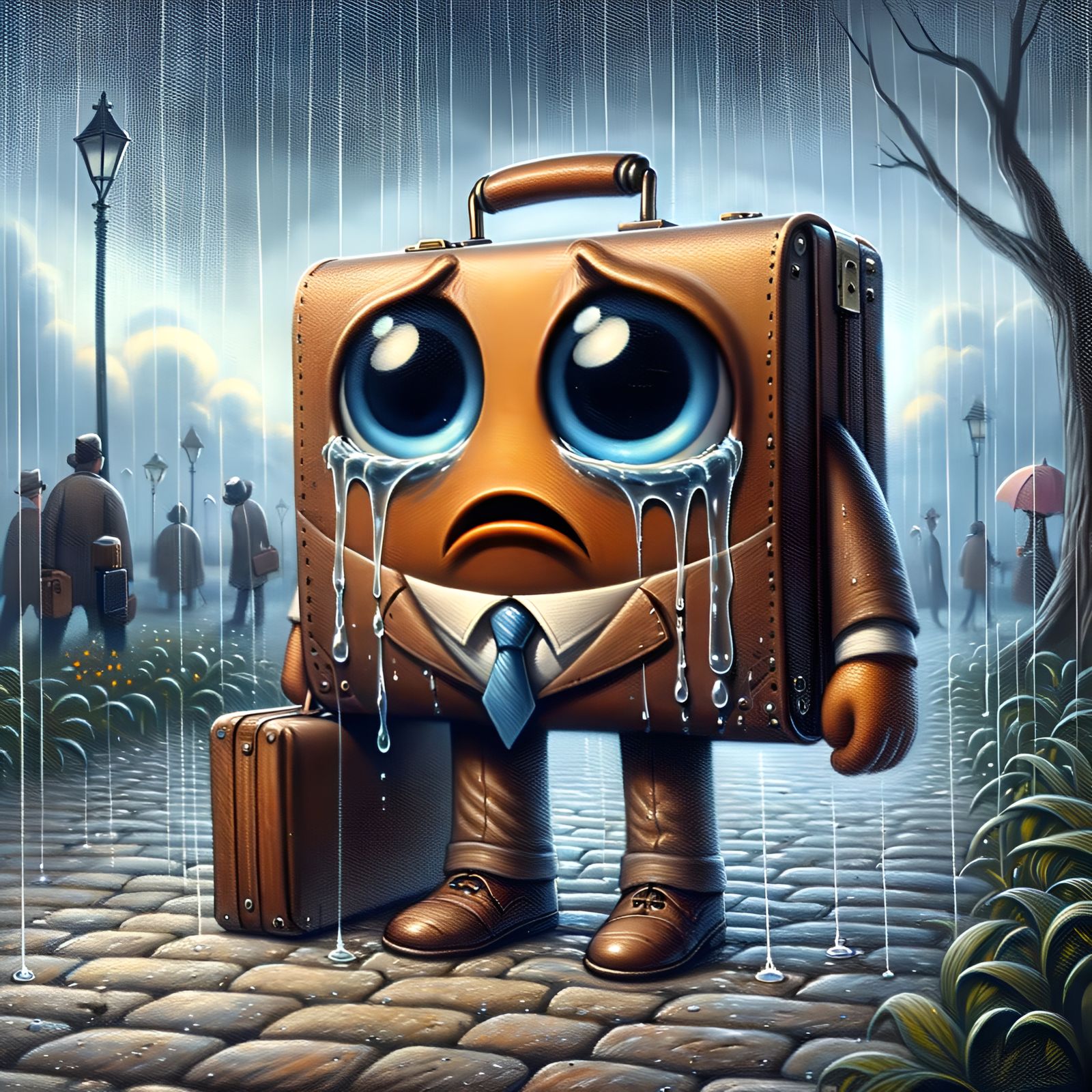 Sad Briefcase Oil Painting in Disney Style