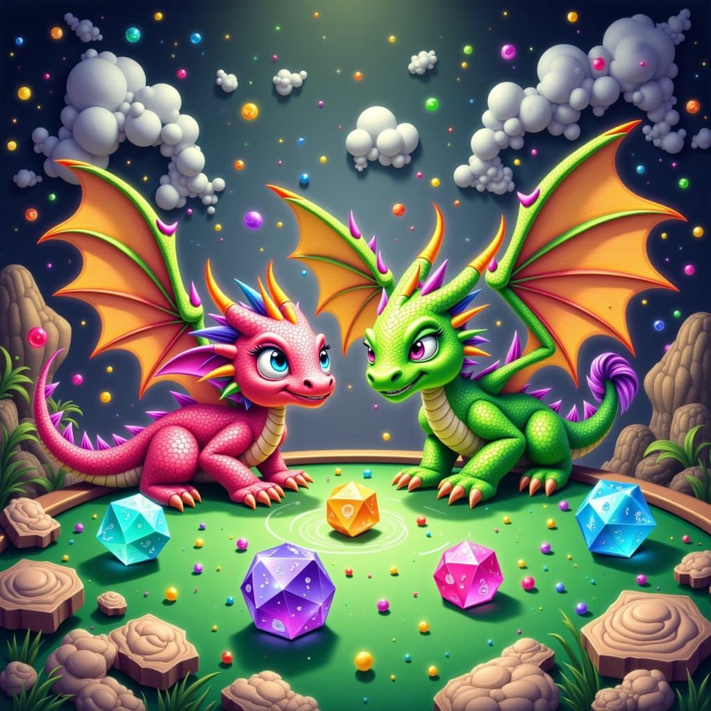Whimsical Dragons Gather at Shimmering Dice Rolling Event