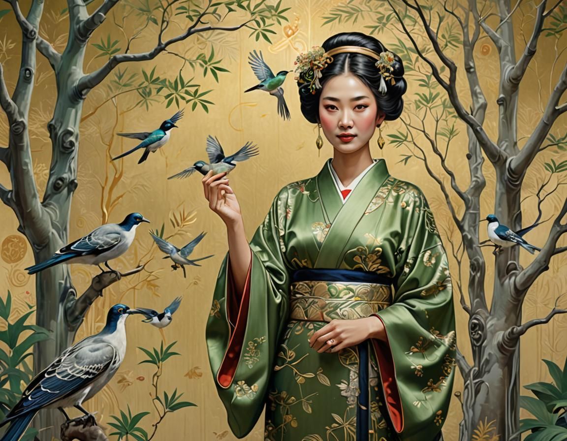 Art Nouveau Woman with Birds and Klimt-inspired Trees