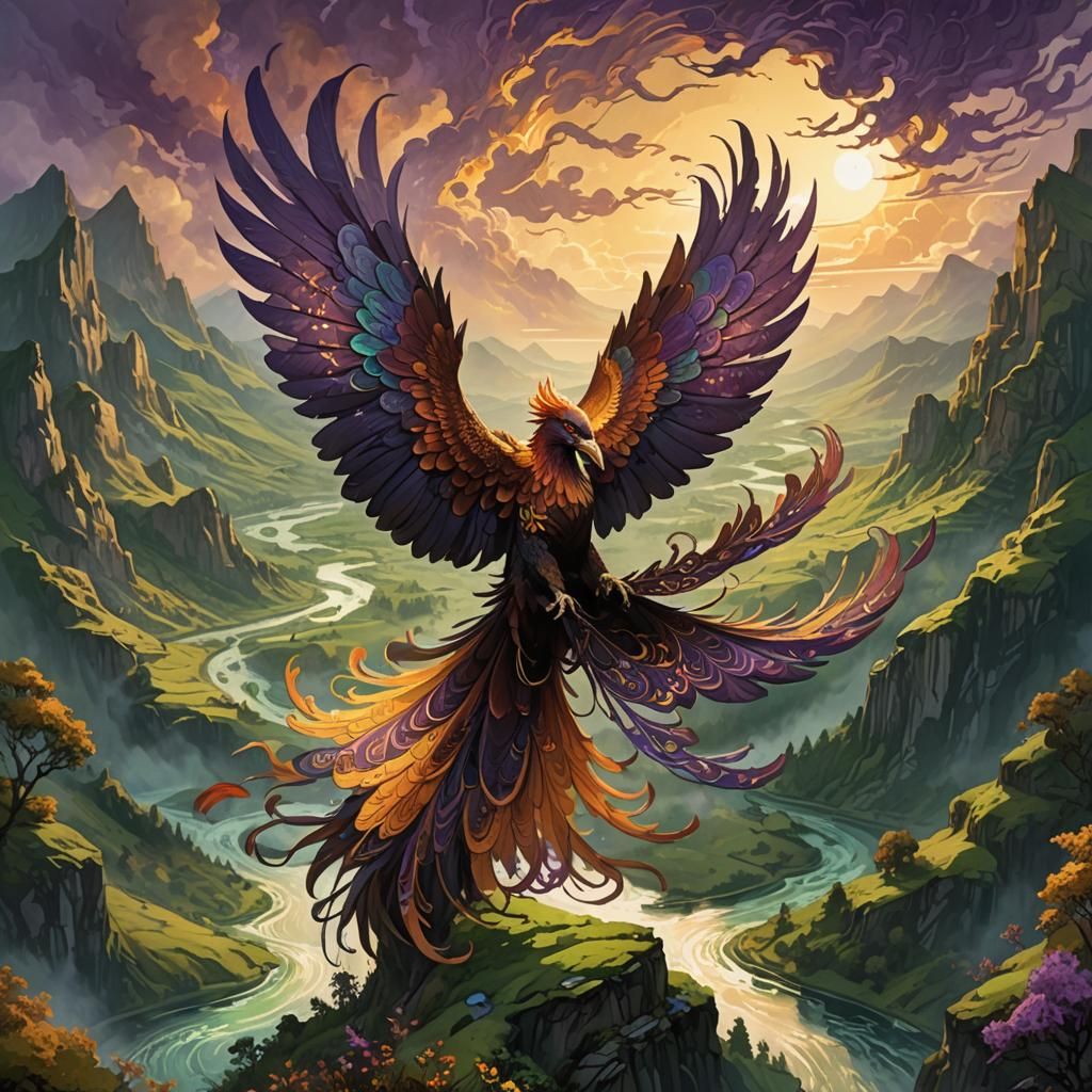 Flying Phoenix Soaring Above Valley in Dark Fantasy Style